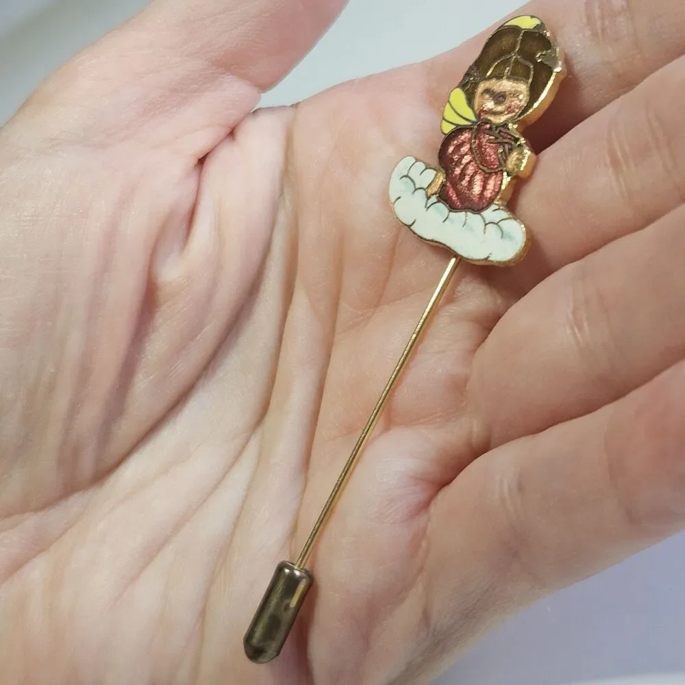 Vintage 1978 Enameled Centennia Stick Pin Gold Tone Angel Praying Red Pink Lapel